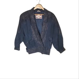 Vintage 80s Navy Leather Statement Jacket with Paisley Detailing